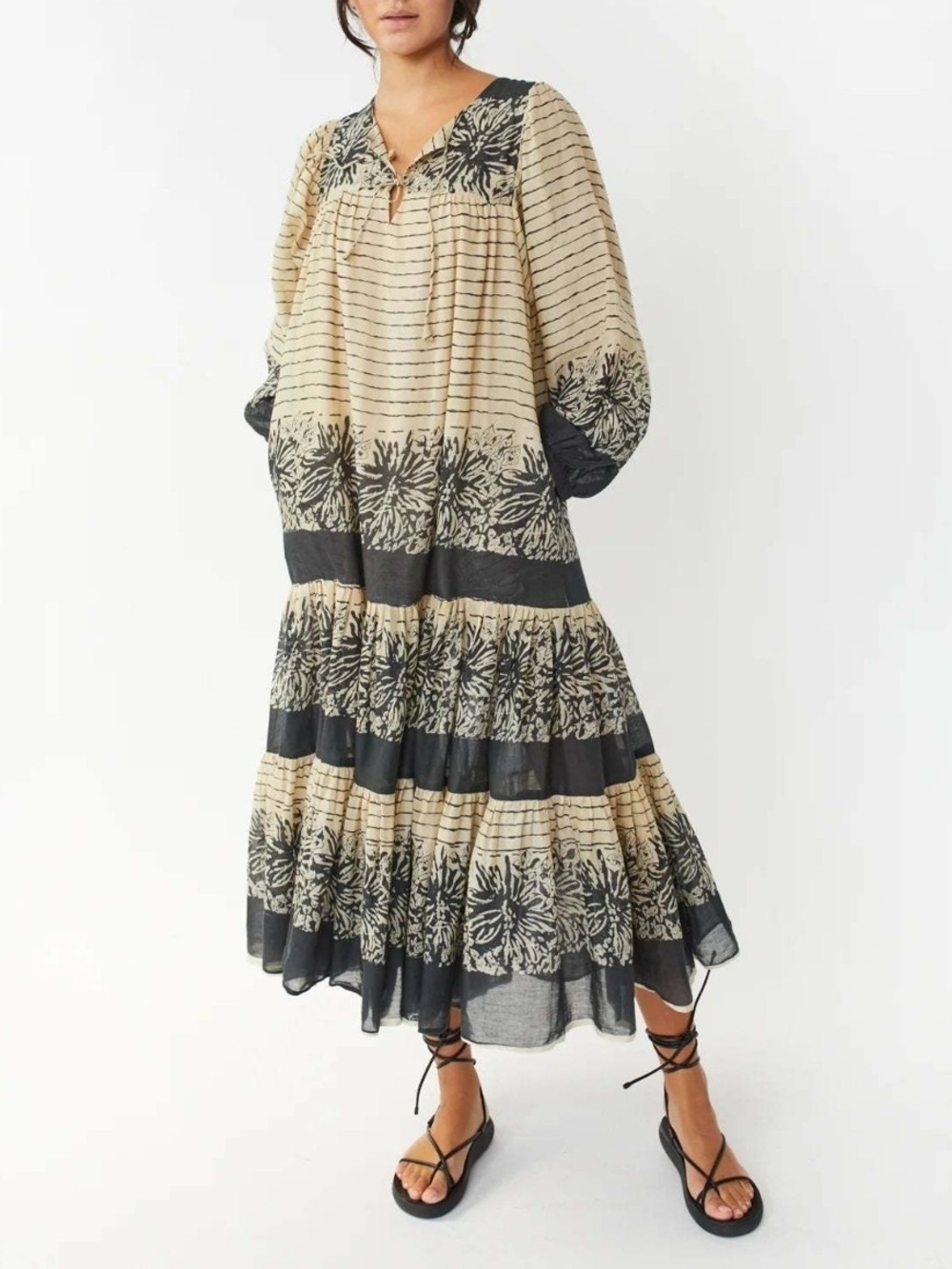 Matta NY Maxi Dress Jaani Bagh Sz Small In Kala Print Lace Up Tiered 70s Boho